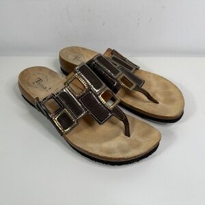 Think! Women's Sandal Size 41/10 Thong Slide Brown Leather Perforated Flip Flop